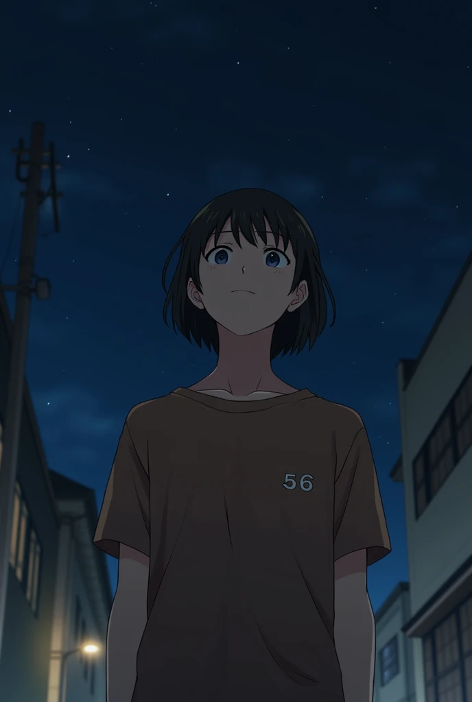 A young  man, wearing brown t shirt , 56 number on t shirt on lest side small size , ,
night in the street, medium size hair, looking to sky
