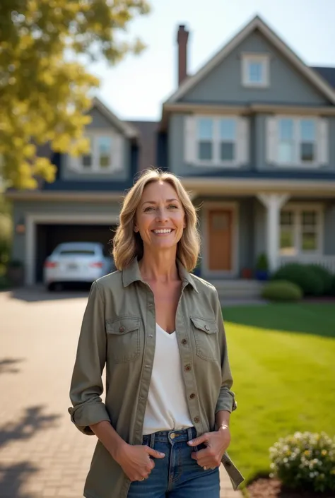 Happy fulfilled woman buying a beautiful house and a car in the garage 