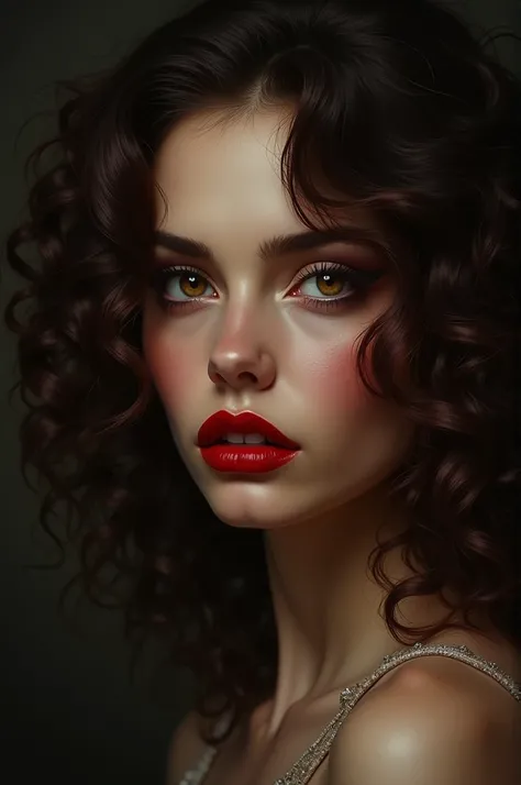 A woman with brown curly hair, highlighted brown eyes, red lips inspired by a witch 