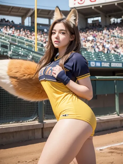 ((Highest quality, 8k)), ((masterpiece)), (Highest Resolution), Perfect Face, fox-eared woman, Female college student, Beautiful woman, Photographed in the baseball stadium, Only one tail, she has thick thighs, Her big fox tail, Her yellow fox tail, She wa...