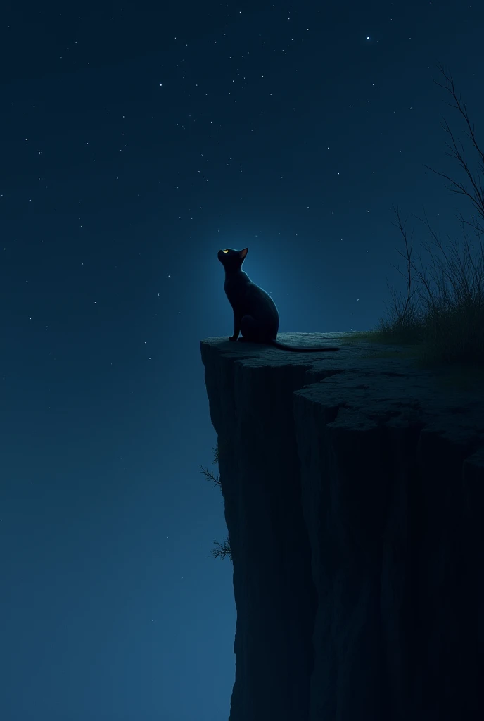 Create a cliff can be small at night with a cat on the edge watching the stars