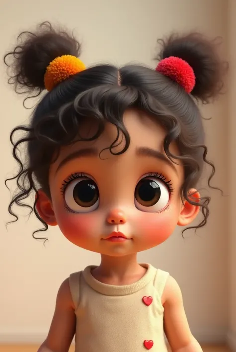  image of a  child, skin fair, eyes black, very curly hair tied with two pompoms and disheveled, distant gaze, cute 3d image 