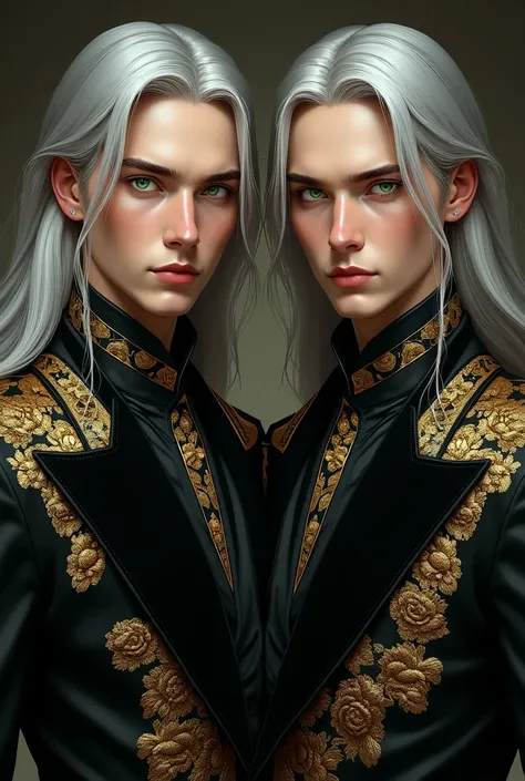 some men
twins, looking forward, serious faces, age 19, dressed in fine silks, samitas and black velvets with gold cloth lining, long silver hair, green eyes