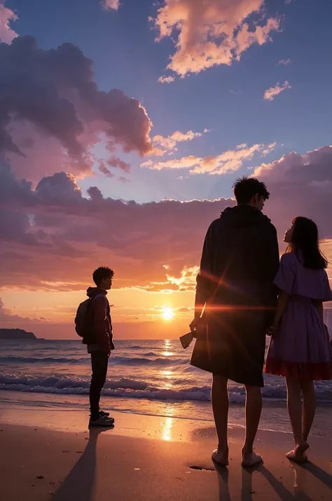 anime、The sky is orange to pink、purple、Change to blue、A vast sunset spreads。The light of the setting sun softly illuminates the earth、The silhouettes of the two people stand out clearly。This sight is、It has an unrealistic beauty, like being in a dream.、The...