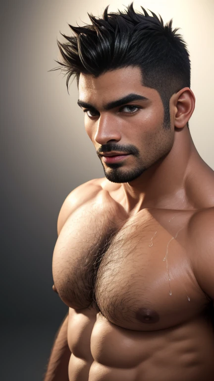 a macho indian latino man with spiky hair cut, huge muscular body, 4, transparent skin, hairy body, wet body, tanned skin, (best quality,4k,8k,highres,masterpiece:1.2),(realistic,photorealistic,photo-realistic:1.37),ultra-detailed,HDR,UHD,studio lighting,u...