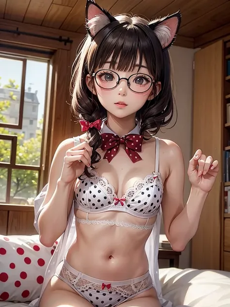 With polka dot ribbon(Cat)　、White underwear、Glasses