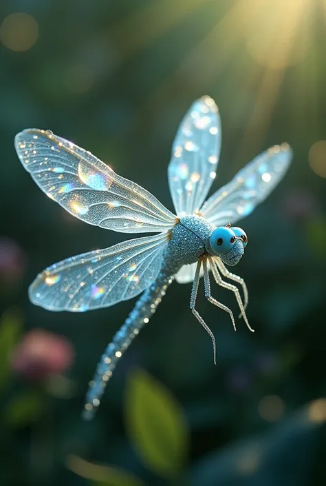 Crystal Diamond and  Dragonfly – hybrid fusion A delicate, shimmering insect with crystal wings that catch the sunlight, creating rainbows in the air as it hovers. Its body is covered in small diamond-like crystals, making it look otherworldly.