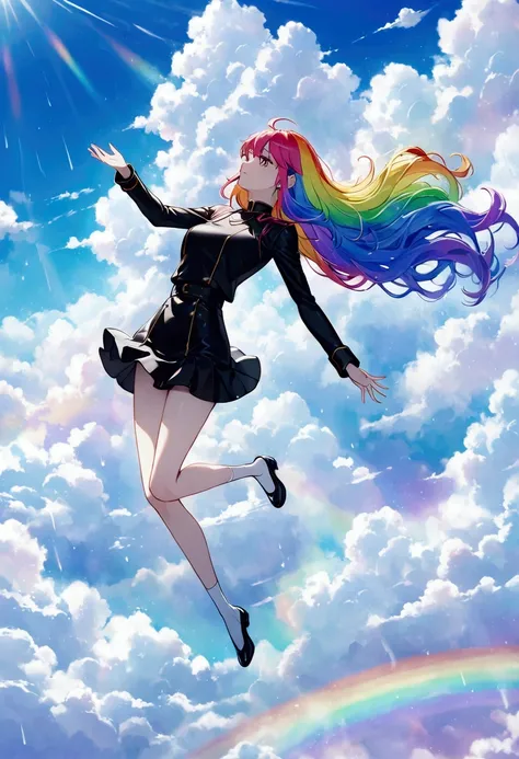 woman,Reaching out, rainbow-colored hair,Long Hair,Black Uniform,mini skirt　Big fluffy cloud,noon,It rains,, Floating in the clouds, falling upside down 　Catch the wind