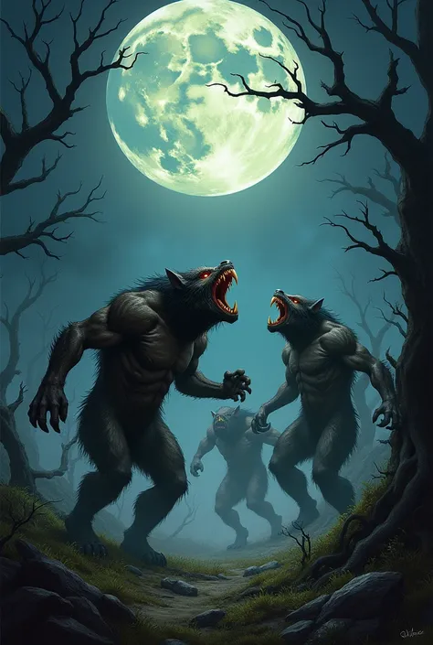 It shows beastly figures howling loudly at the full moon, while drums rumble in the distance. The scene must be intense, with a wild dance that evokes a prehistoric cry.