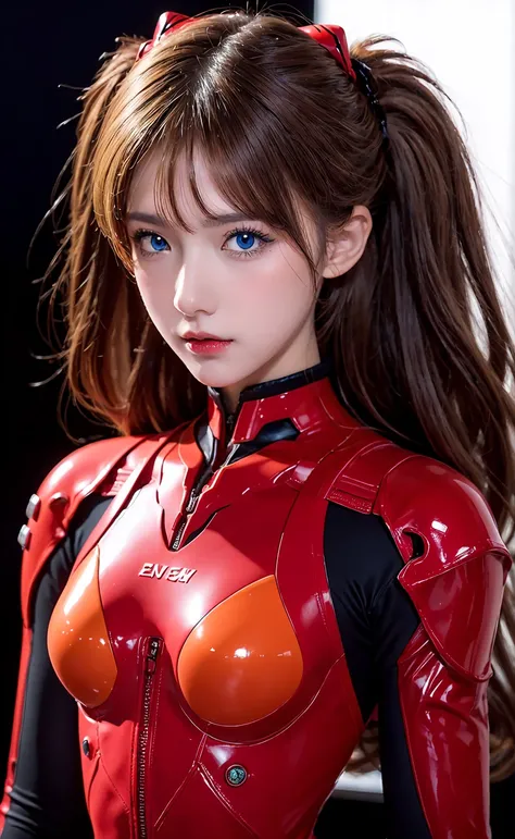 Realistic, alone, Face with perfect detail, Detailed blue eyes, Very detailed, blush, hair ornaments, Mahogany Hair Chignon, (Blonde), Plug Suit 02,Shikinami Asuka Langley, Evangelion, Slender girl, Full Body Suit, Black background