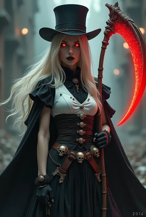 Posture and Expression: Reaper&#39;s posture is generally elegant and dignified., with an expression that conveys a sense of authority and mystery.

Appearance: It has a feminine appearance, Woman&#39;s face, long and blonde hair, skin black, eerie glowing...