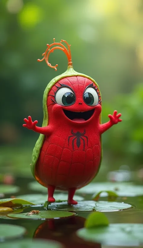 /Imagine Subject: A cute red cute litter spiderman Peas whose body shape is like human body

shape, Environment: pond and green

blurred background

Action:-dancing Smile