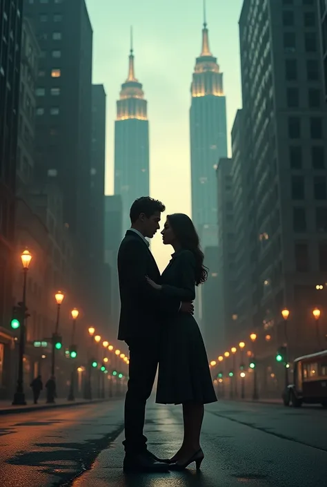 high qualiy, 8k Ultra HD,  in cinematic action a young couple in the center, close without touching. Ao fundo, the city divided into two worlds, On one side, luxurious buildings symbolizing the boy&#39;s wealth, and the other, dark streets reflecting the g...