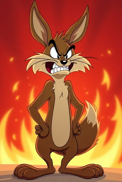 "Design a 4K full-body cartoon character of Wile E. Coyote, displaying severe rage. Wile E. should have his usual brown and tan fur, with an intense scowl, clenched fists, and a visibly frustrated posture. Provide a clear background and a red background va...