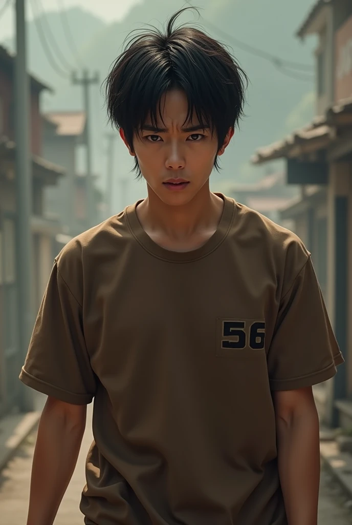 A young Asian  man, wearing brown t shirt , 56 number on t shirt on lest side small size 
, medium size hair, walking, smiling painfully
