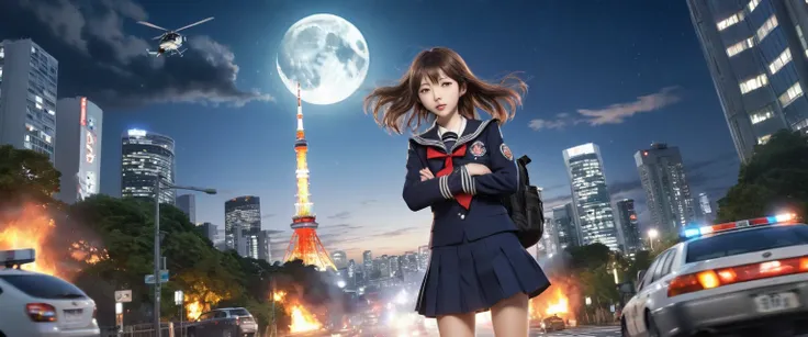 Detailed photo quality、Photorealistic、The background is the Roppongi intersection in Tokyo.、Tokyo Tower in the center of the background、Beautiful night sky with stars、An enormous HALF MOON in the center of the sky、Many LIVING DEAD attack the protagonist.、T...