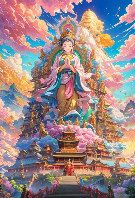 詳細なanime art, masterpiece, highest quality, ８k, hand-painted mother kannon statue, ride the clouds, surrounded by five hand-pain...