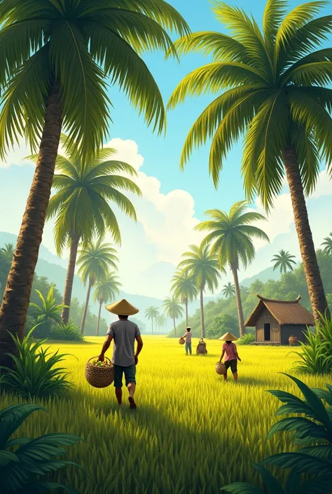 Design a drawing of a rice field with people climbing palm trees, palm trees, the sun, and farmers having a hut.
