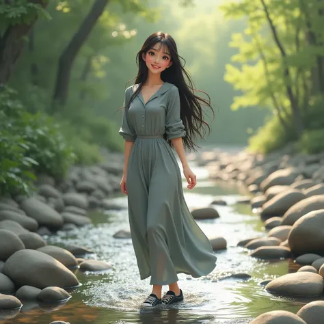 Cute and young lady with triangle face,smile pink lip,bosomy with grey colour long dress long to knee,very thick and stright hair,hair is long to as long as the floor,wear black colour sportshoe,playing water in the stream,the stream have medium stone, gen...