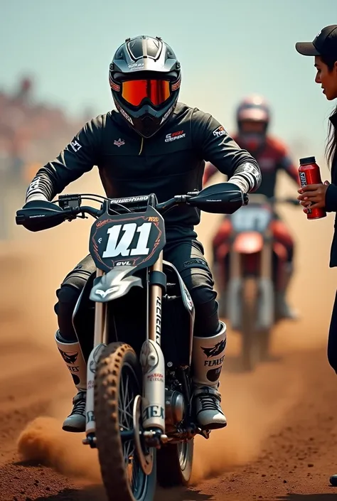 A motocross racer with all the equipment leading the lead motorcycle with the number 36 and with the name LEONEL above on the motorcycle number with a woman who is giving him a drink and the racer is receiving the power ade drink before his departure Lead ...