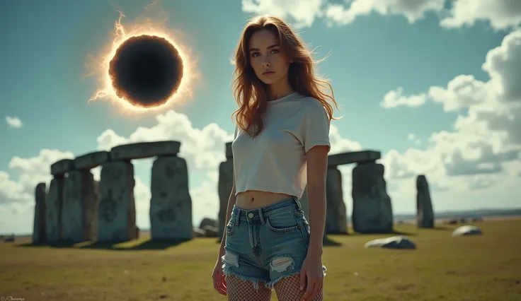 WOMAN LOOKING AT THE VIEWER, BLACK hole IN THE SKY, LANDSCAPE, full body CLOSE-UP, CLOUDS, sexy rip jeans , large tshirt, big fishnet pantyhose, sexy pose, big breast, ROUND FACE, 25 y.o. WOMAN, chestnut. stonehenge temple, photo, real