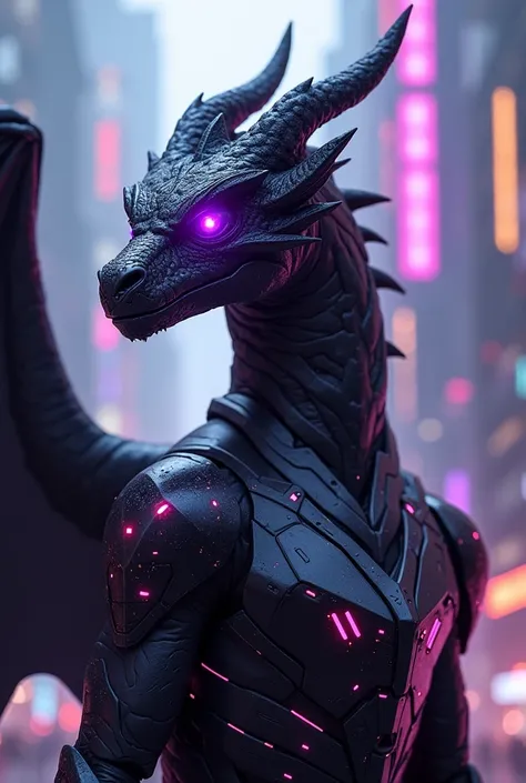 They create a black dragon with violet eyes and wearing cyberpunk-style technological armor 
