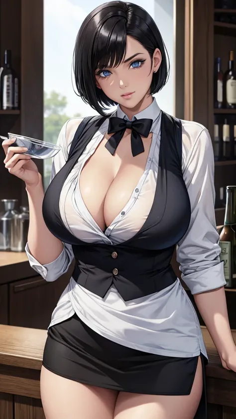 a female bartender with short bob of black hair is at the bar, blue eyes, black cummerbund, white shirt, black skirt, big breast...