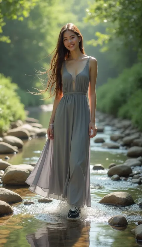 Cute and young lady with triangle face,smile pink lip,bosomy with grey colour long dress long to knee,very thick and stright hair,hair is long to as long as the floor,wear black colour sportshoe,playing water in the stream,the stream have medium stone, gen...