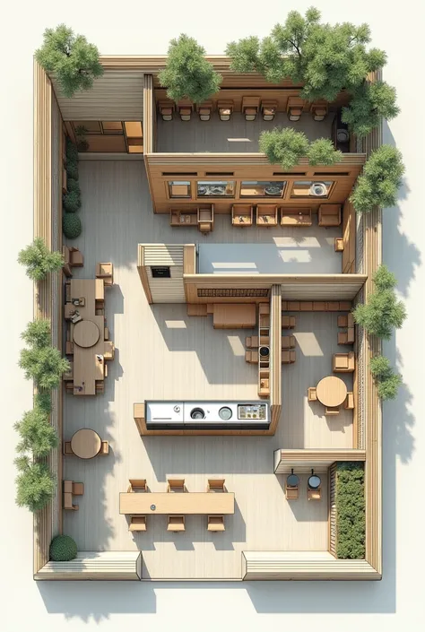 Architectural plan of a 100m2 sushi restaurant with a bar , bathroom and that materials such as bamboo and steel are used 