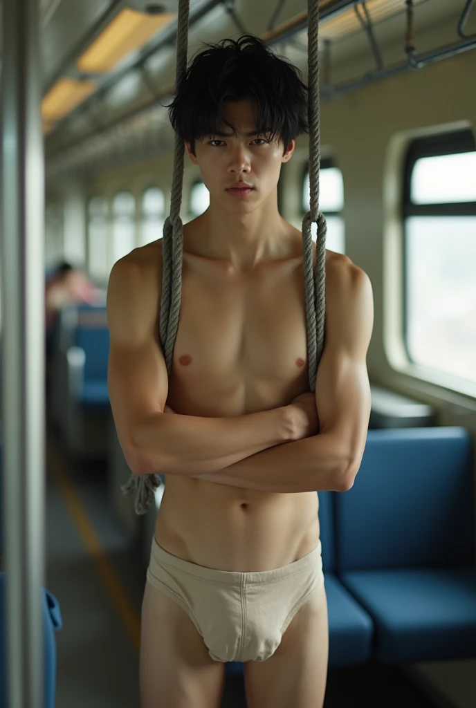 Handsome Japanese man 、Black disheveled hair、Completely naked、Full nudity、完全Completely naked、Naked、Slim body、Realistic Hyper-Realistic、Real Japanese、UHD  8k、Detailed Photos、Perfect Face、Embarrassed look、Butt Exposed、Photorealistic、on the train、Tied to a ha...