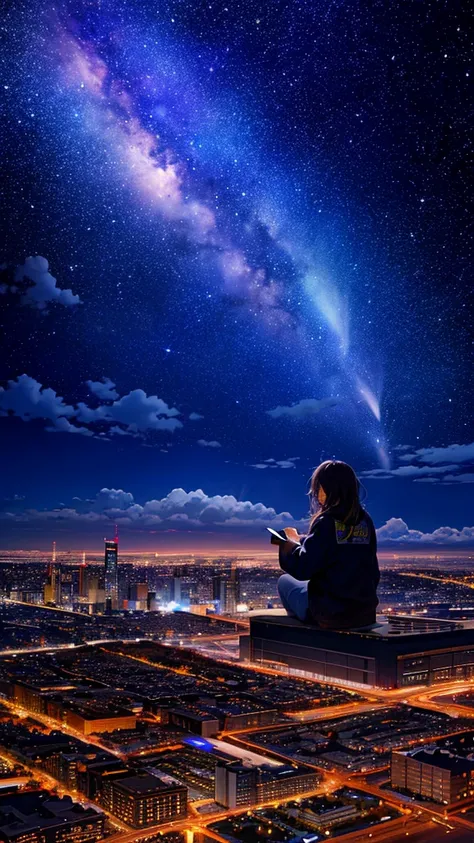 octans, sky, star (sky), scenery, starry sky, night, 1girl, night sky, solo, outdoors, building, cloud, milky way, sitting, tree, long hair, city, silhouette, cityscape,City from a distance, tokyo, city billboard, 1 milky way in the sky,