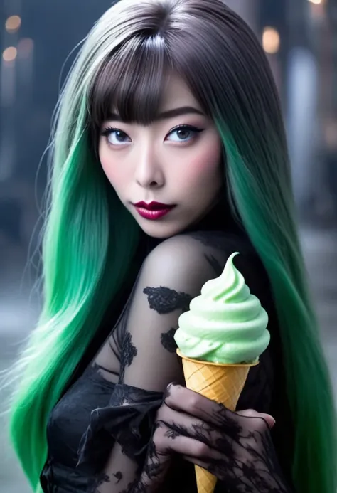 cute yuna (age 25, in the role of Morticia Adams), sleek, dak, elegant, is bringing the viewer an evil treat (green ice cream, monkey skull on top, trailing a misty fog) classy presentation, sultry