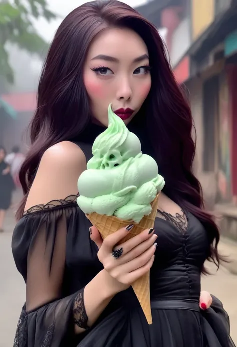 cute yuna (age 25, in the role of Morticia Adams), sleek, dak, elegant, is bringing the viewer an evil treat (green ice cream, monkey skull on top, trailing a misty fog) classy presentation, sultry