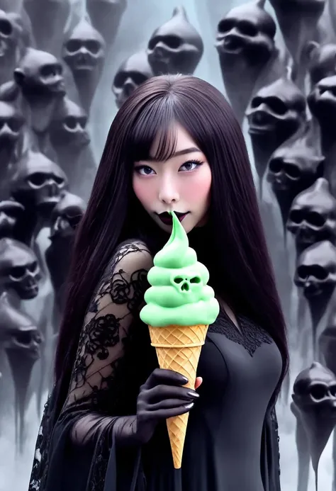 cute yuna (age 25, in the role of Morticia Adams), sleek, dak, elegant, is bringing the viewer an evil treat (green ice cream, monkey skull on top, trailing a misty fog) classy presentation, sultry