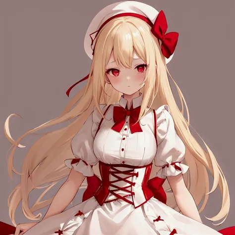 1 girl, waist length blonde hair, Red eyes, neutral expression, White dress with short princess sleeves with red ribbons at the end of the short sleeves, red vest with an open space on his chest showing the dress and V-neck, corset negro, Large white hat w...