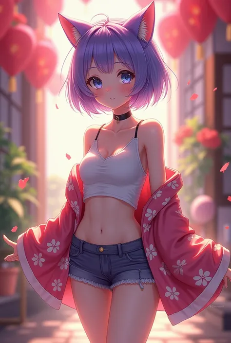 Best quality, 1girl, (Dakotaski:1.0), Blue eyes, pixie cut, (Medium sized breasts), Blush, everyone., kimono style shorts underwear,(Summer clothes ) Red poetry, Red poetry, Purple hair, Purple hair, Pink hair, Pink hair, Blue hair, Blue hair, (Body image ...