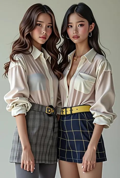 Hi, can you make a picture of two 1 girls dressed like this?: Grey tights and grey skirt with navy blue checks and yellow stripes, white shirt that if you focus you can see through them and she also wears white bras in a realistic style