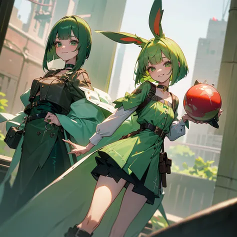 (long Green rabbit ears), green animal ears, (a girl), green hair, green eyes, bob cut, thin eyebrows, smiling, young, alone, Lolita, short, blouse, coat,choker, long boots, red hood, harness, fingerless globe, belt, waist pouch, in the city, cafe, tiny, b...