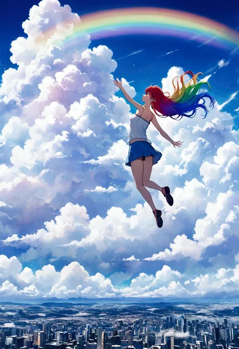 woman,reaching out, rainbow-colored hair,long hair,shorts camisole,mini skirt　big fluffy cloud,noon,it rains,, floating in the c...