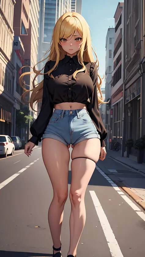 1girl, anime girl, anime, (dark skin), 2d girl, 18y, (fullbody), standing, anime girl, pensive, (blonde hair), ((black blouse)), Solo, Slim, large breasts, big , big Breasts, Tight Shorts, low waist shorts, upshorts, skyscrapers background, modern city, lo...