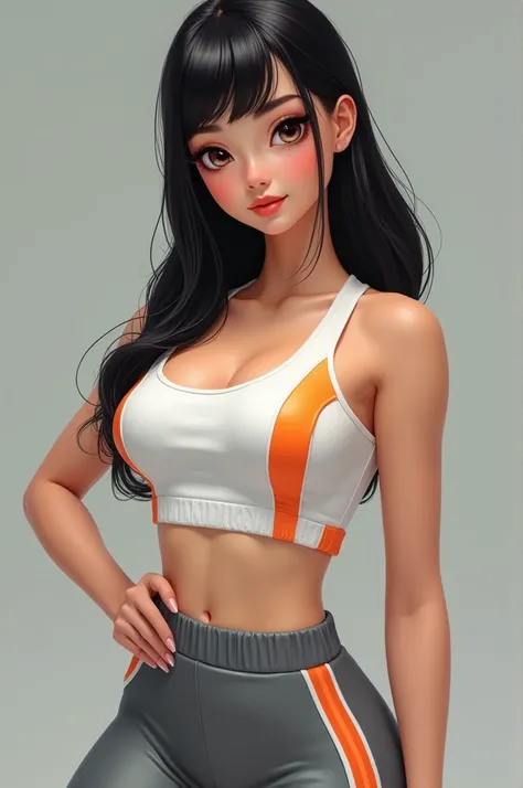 A Girl with side bangs black hairstyles, pale skin, big chest, wearing a white top with orange vertical strands, wearing a grey deportive pants too, with brown eyes