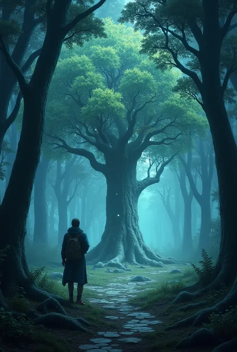 
"Amidst a dense, ancient forest, a solitary traveler discovers a hidden grove bathed in ethereal moonlight. In the center stands a tree unlike any other, its bark shimmering with a pattern that seems to shift with each passing moment. As the traveler appr...