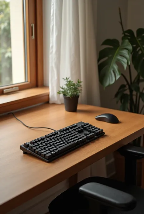 Create a picture for me of a gaming desk with lots of space on it ,brown with nothing on top of it just a keyboard and mouse,and the view of this photo was as if a person was sitting in front of this table