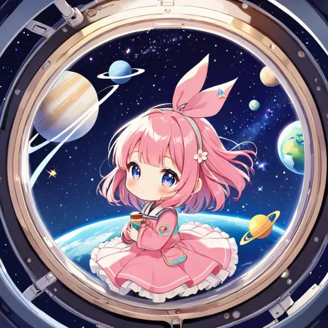 Momoko Sakura colorful style, Kawaii Design, The most beautiful girl of all time、chibi, Space Travel, (((Inside the spaceship)))