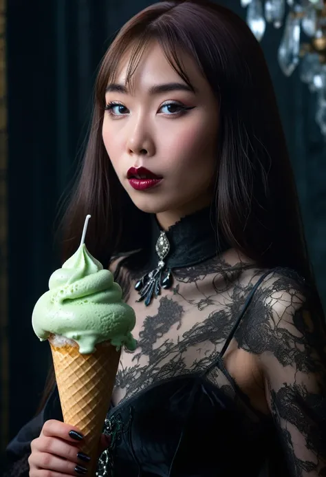 cute yuna (age 25, in the role of Morticia Adams), sleek, dark, elegant, bringing the viewer an evil treat (green ice cream, monkey skull on top, trailing a misty fog), classy presentation, sultry, (best quality,4k,8k,highres,masterpiece:1.2),ultra-detaile...