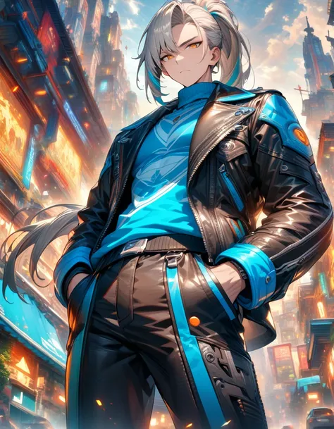 (((absurdres, highres, ultra detailed, HDR, master piece, best quality, extremely detailed, delicated features, noise removal))), one person, 1 man, sexy man, handsome, (((ponytail))), long hair, asymmetrical bangs, glossy, silver hair, fluorescent blue st...