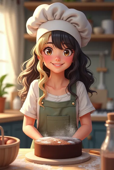  girl with light hair and long black curly hair making chocolate cake with a cooking hat on her head  