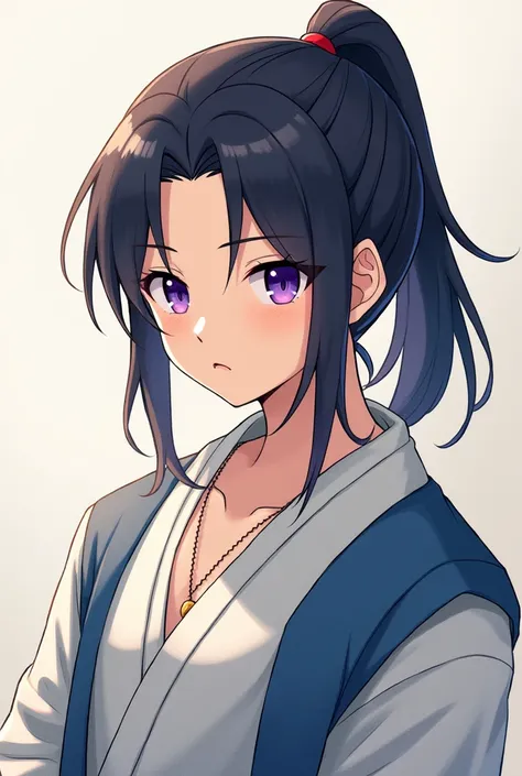 One Man, Simple Background, ponytail, Purple eyes, tooth, Character portrait, Japanese illustration style, Full body

