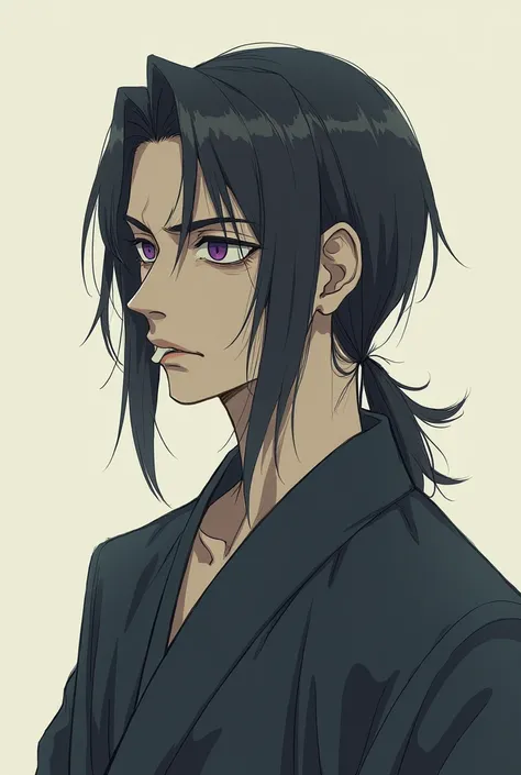 One Man, Simple Background, ponytail, Purple eyes, tooth, Character portrait, Japanese illustration style, Whole body depression
