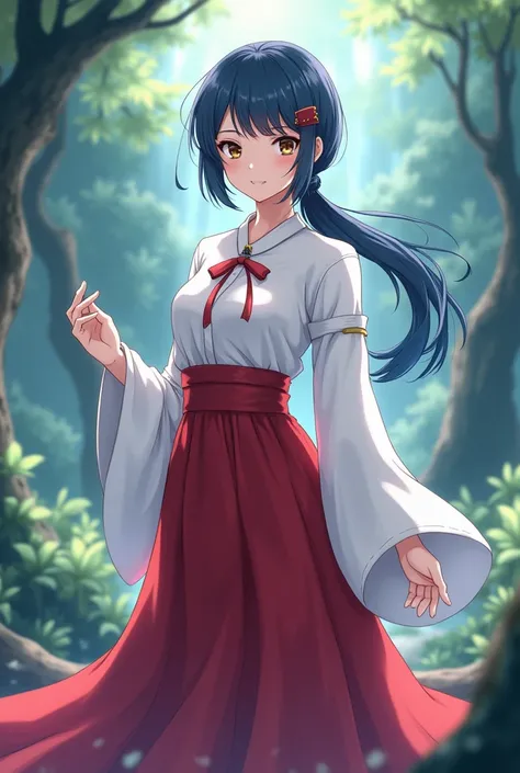 Naruto style anime girl priestess with blue-black hair with a low ponytail dark brown eyes clothes long red skirt and white shirt with bow accessories 